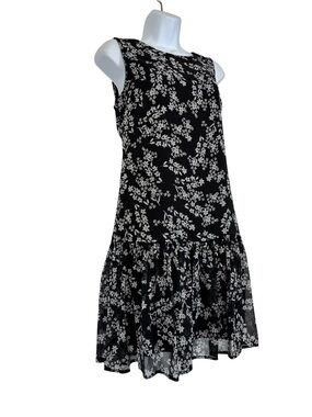 Calvin Klein Black & White Floral Sleeveless Ruffle Hem Drop Waist Dress Size 8